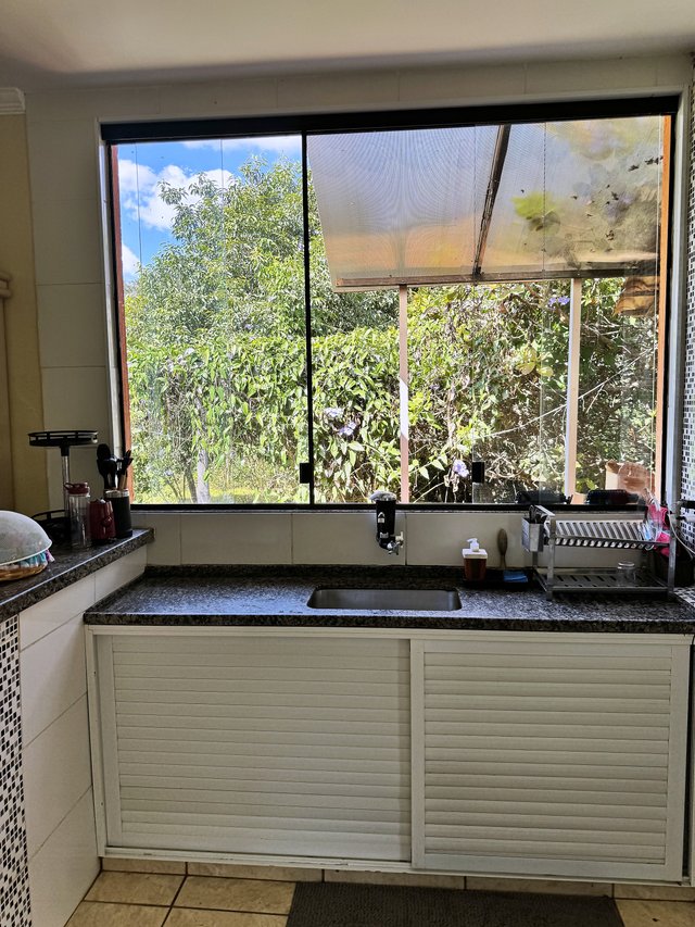 Cozinha — Pia em granito com janela panorâmica e vegetação