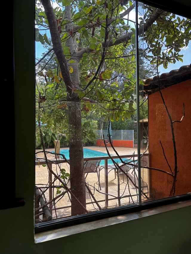 Exterior — Área do salão com vista para a vegetação