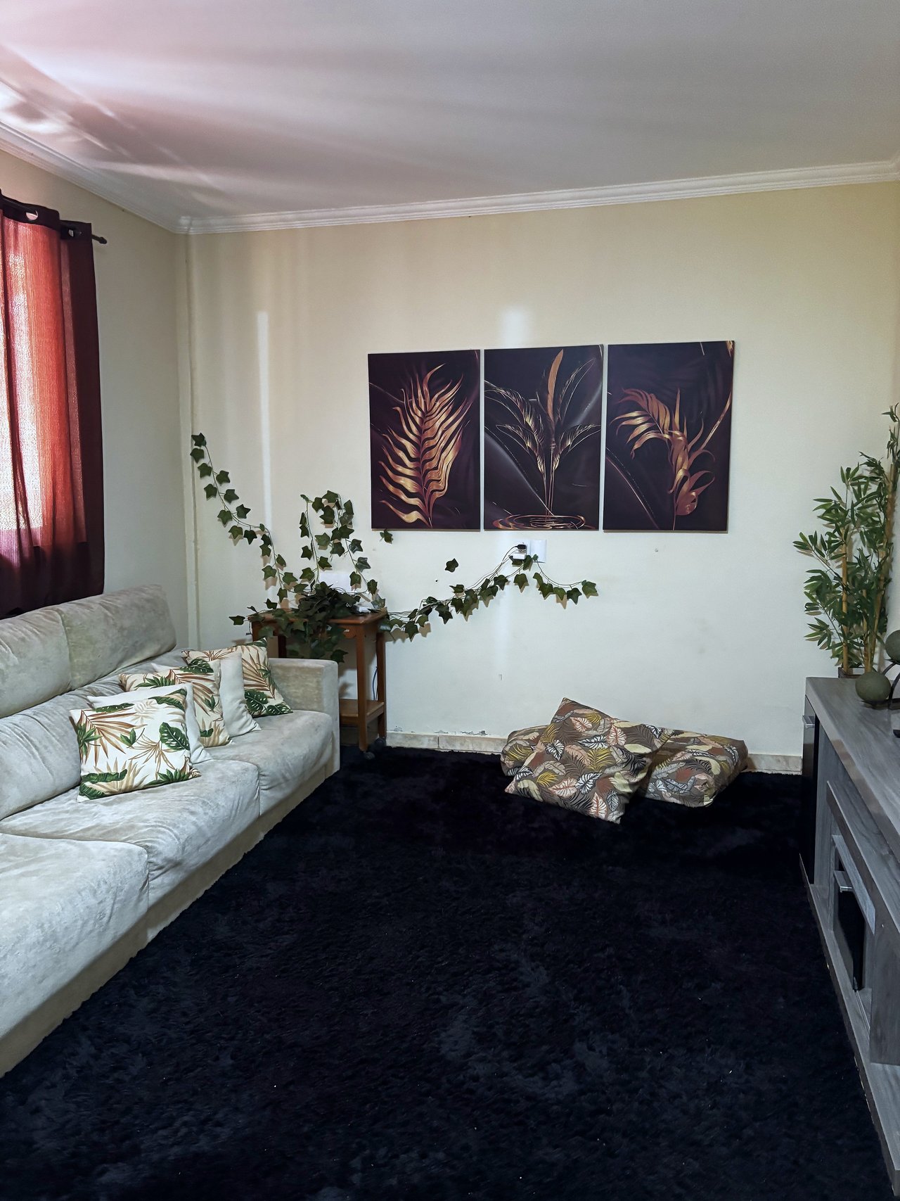Sala de estar com sofá claro, almofadas estampadas, tapete escuro e quadros de folhagens douradas